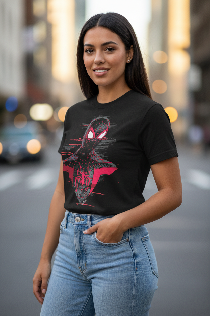 Official Marvel Miles Morales Spider-Man Black T-Shirt - Glitch Graphic