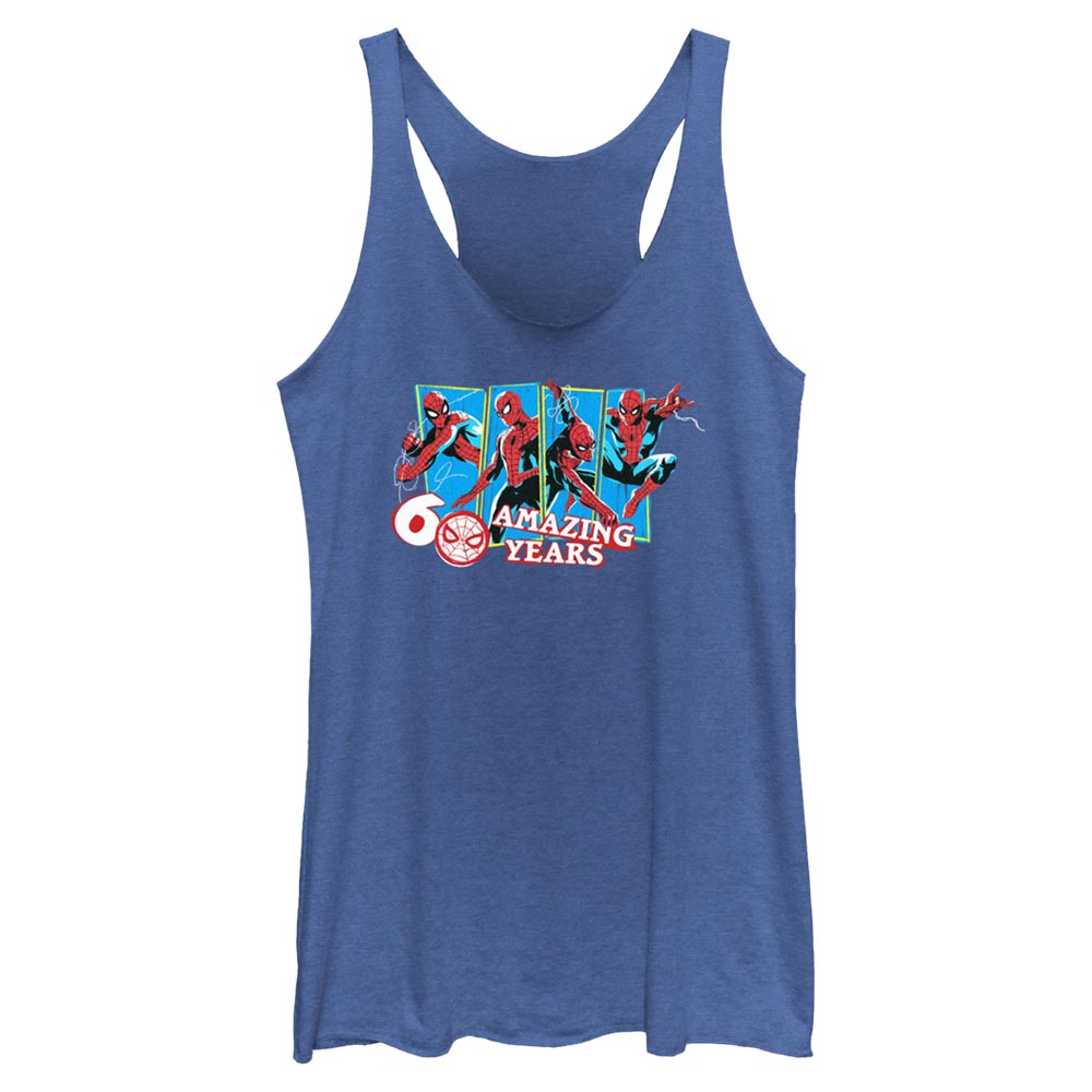 Young teen wearing official Marvel Junior's Spider-Man 60 Amazing Years Tank Top with bold anniversary graphic