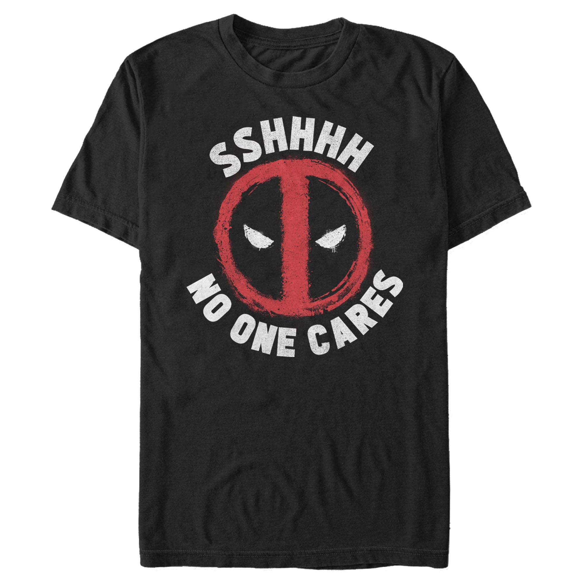 Official licensed Marvel Deadpool No One Cares men’s t-shirt featuring Deadpool’s mask logo and sarcastic Sshhhh No One Cares graphic.
