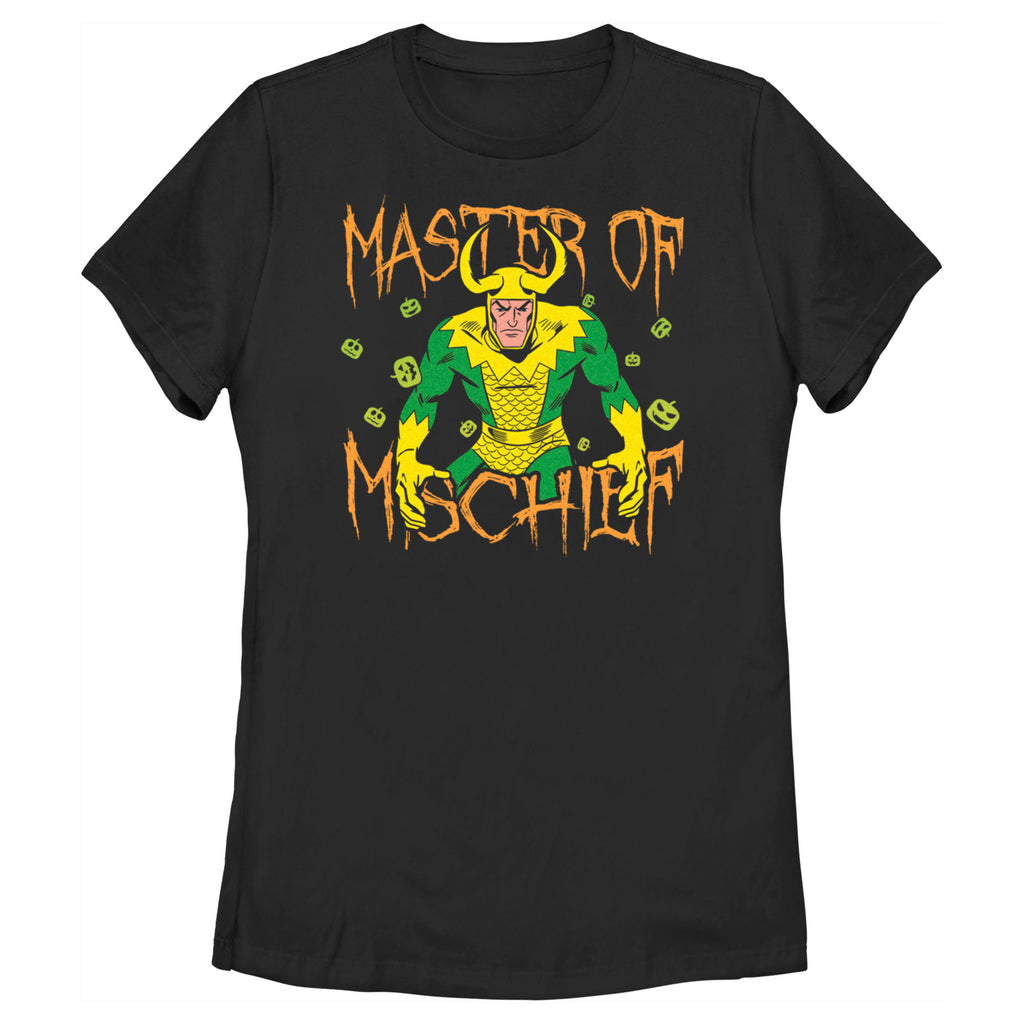 Official licensed Marvel Loki Mischief Glow women’s t-shirt featuring a bold God of Mischief inspired graphic.