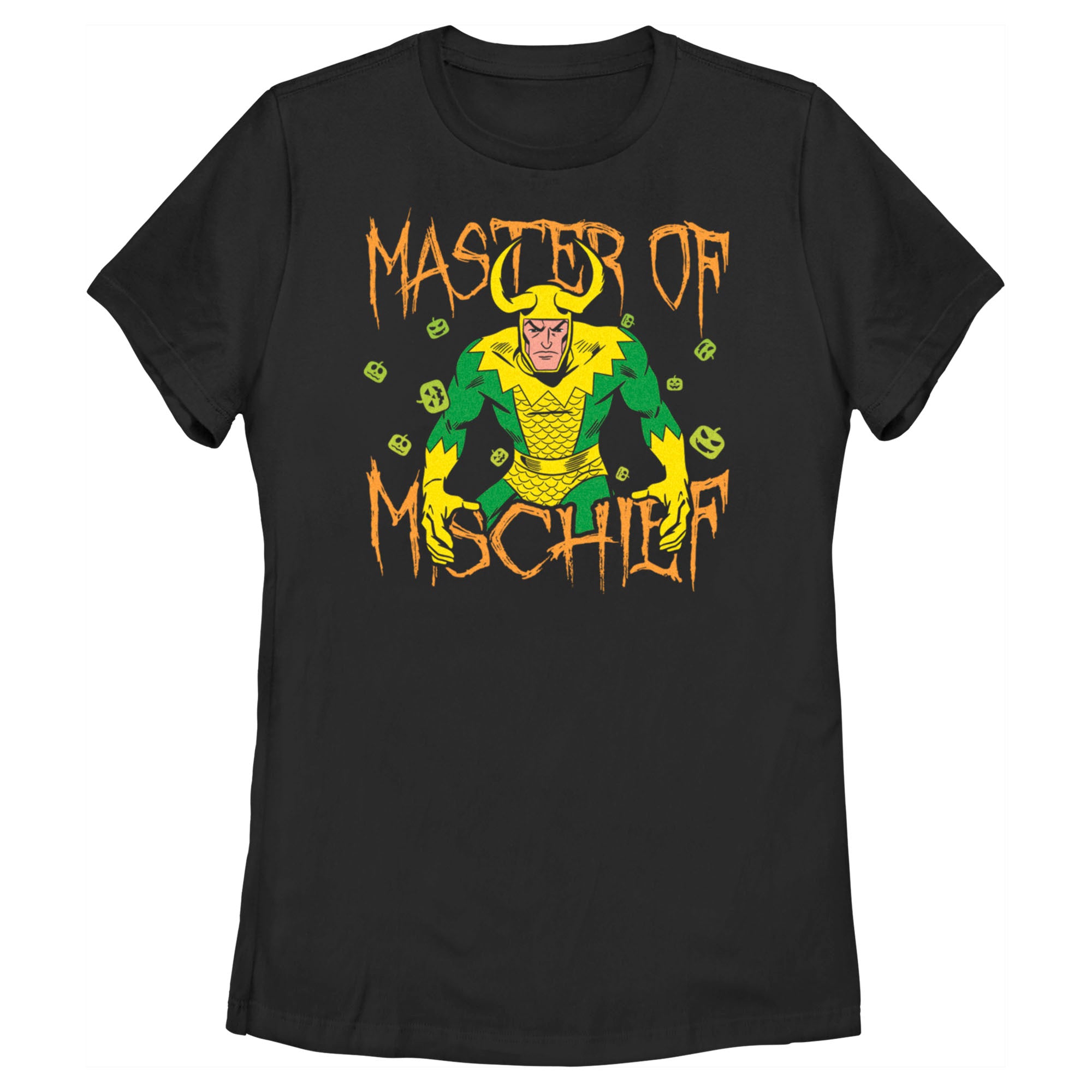 Official licensed Marvel Loki Mischief Glow women’s t-shirt featuring a bold God of Mischief inspired graphic.