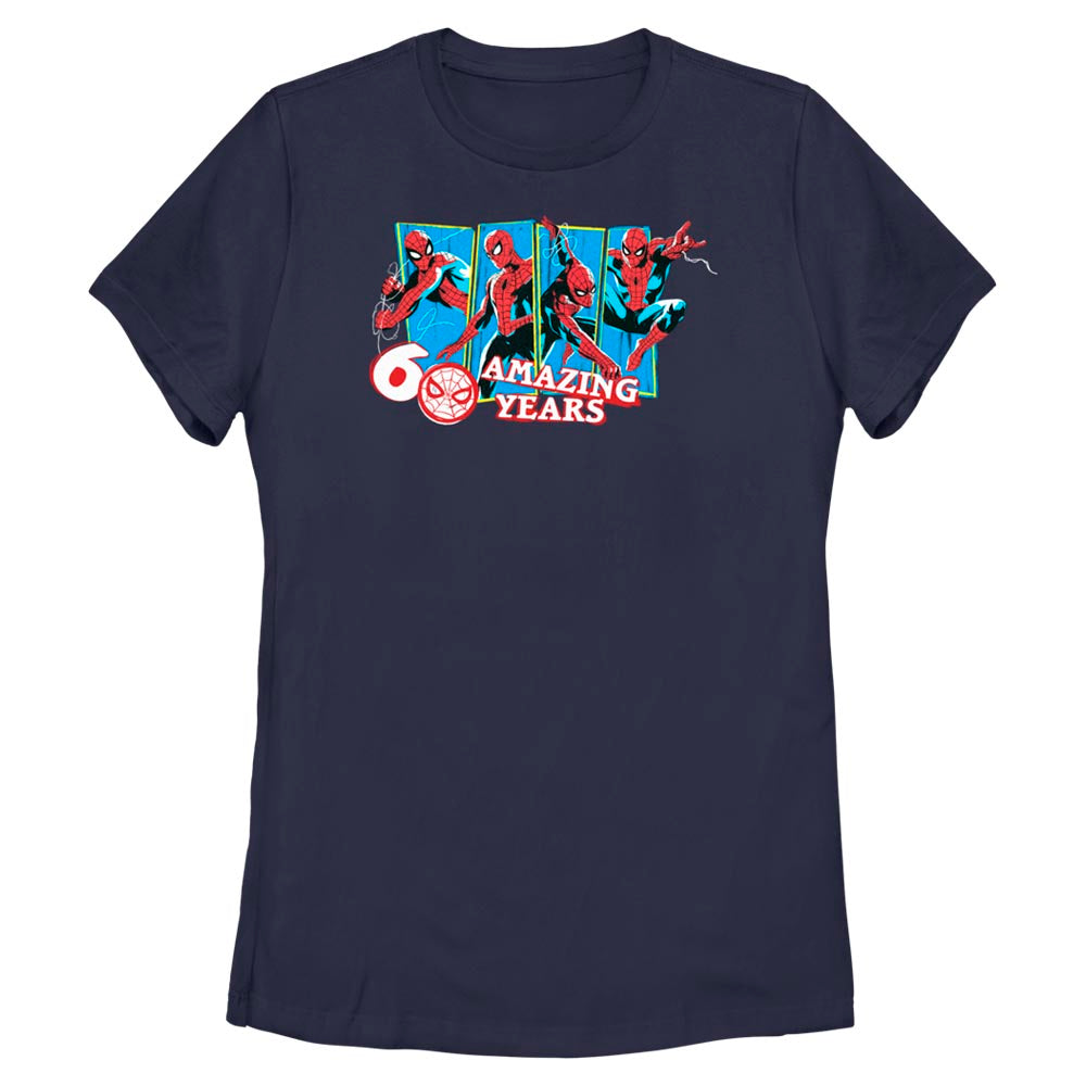 Official licensed Marvel Spider-Man 60 Amazing Years women’s t-shirt featuring a bold anniversary-style Spider-Man graphic