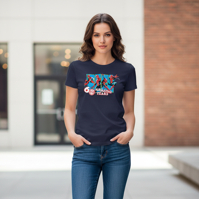 Official licensed Marvel Spider-Man 60 Amazing Years women’s t-shirt featuring a bold anniversary-style Spider-Man graphic.