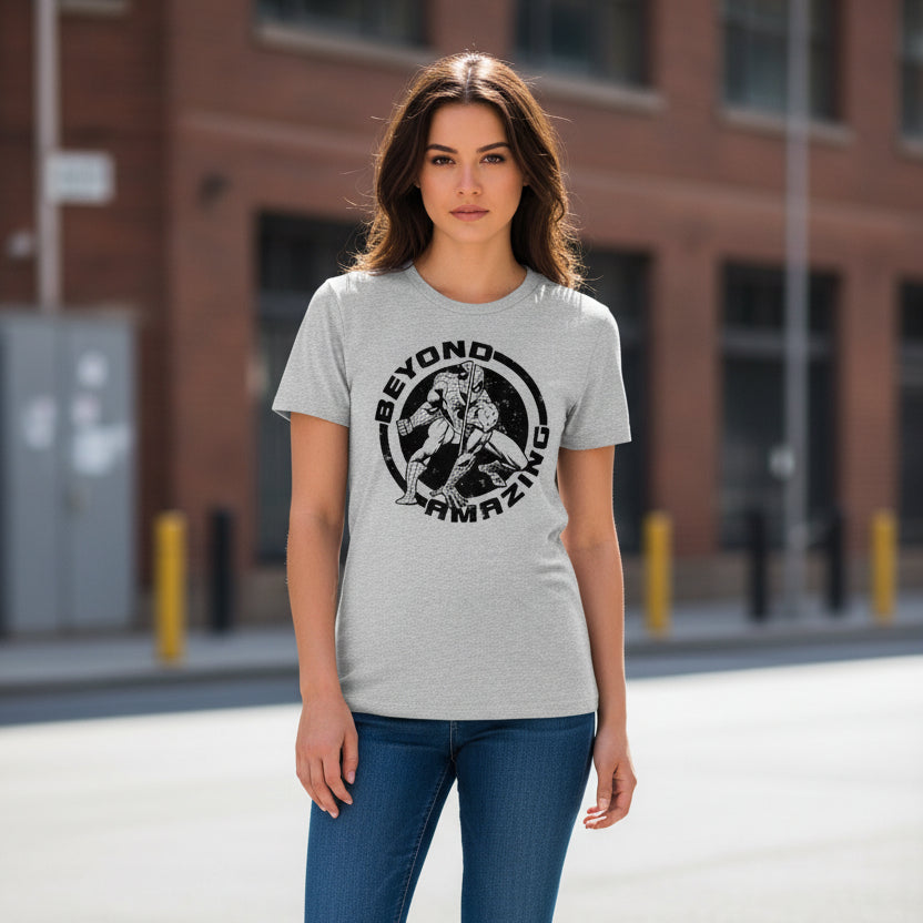 Official licensed Marvel Spider-Man Beyond Amazing women’s t-shirt featuring a bold circular Spider-Man comic-style graphic.