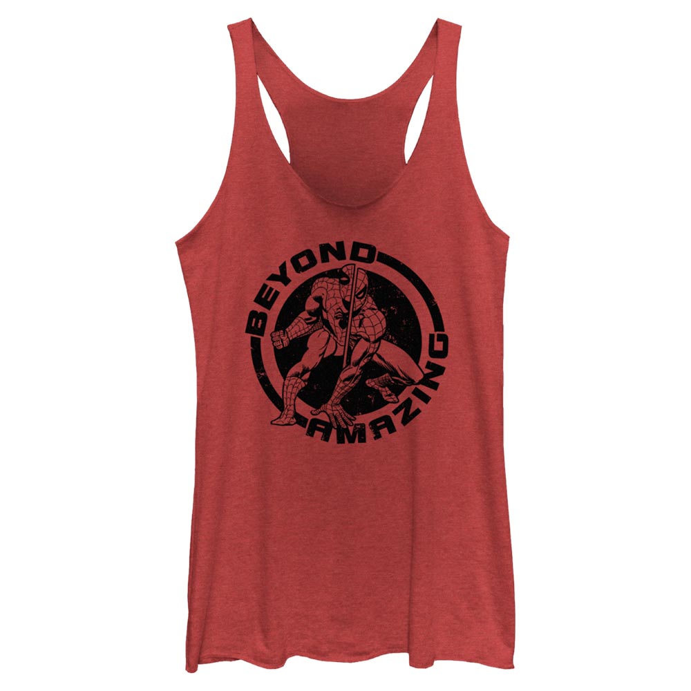 Official licensed Marvel Spider-Man Beyond Amazing women’s racerback tank top featuring a bold circular Spider-Man comic graphic.