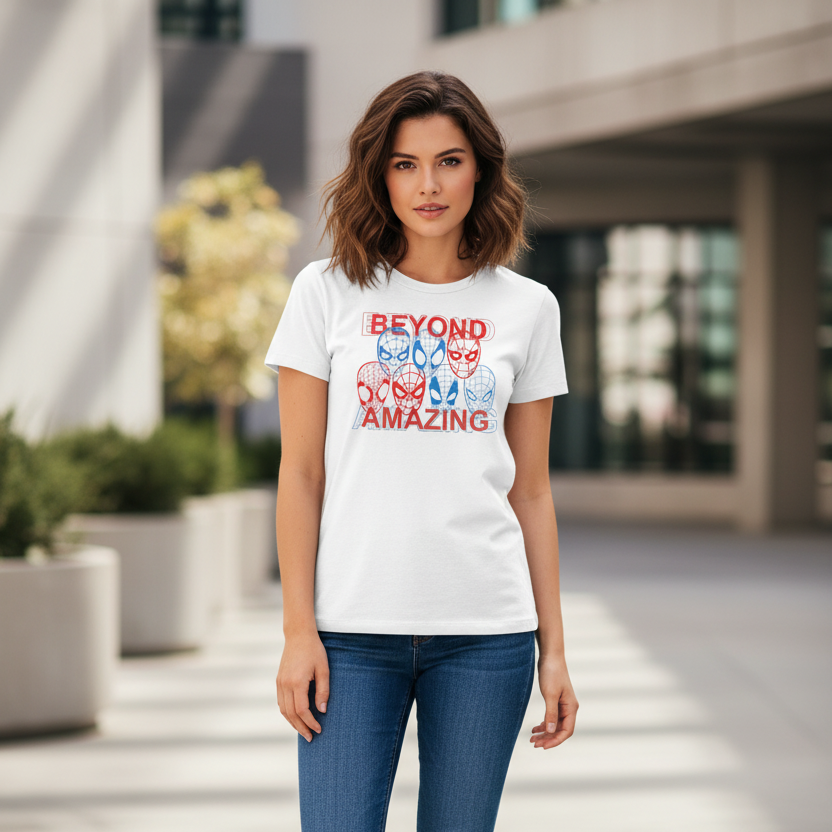 Official licensed Marvel Spider-Man Beyond Amazing women’s t-shirt featuring a bold multi-mask Spider-Man graphic.