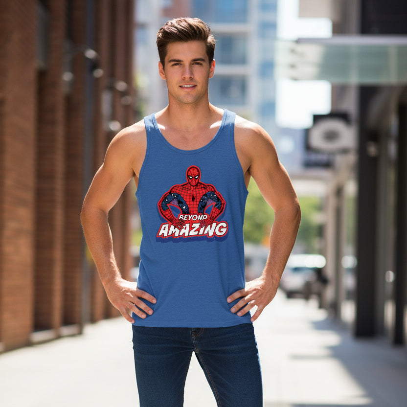 Official licensed Marvel Spider-Man Beyond Amazing Junior’s racerback tank top featuring a retro Spider-Man pose graphic.