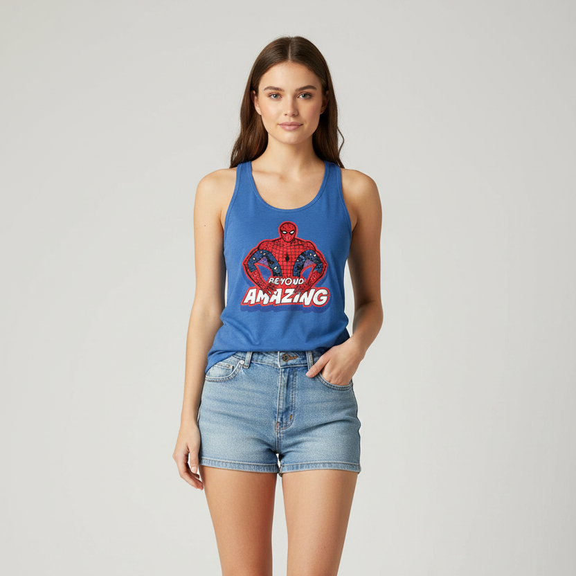 Official licensed Marvel Spider-Man Beyond Amazing Junior’s racerback tank top featuring a retro Spider-Man pose graphic.