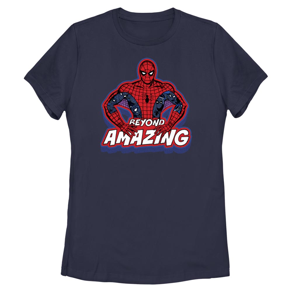 Official licensed Marvel Spider-Man Beyond Amazing women’s t-shirt featuring Spidey in a bold action pose graphic.
