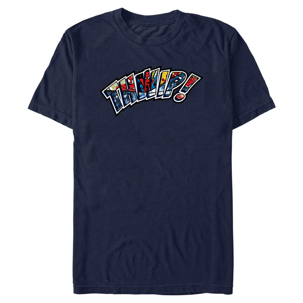 Official licensed Marvel Spider-Man Beyond Amazing THWIP men’s t-shirt featuring a comic book panel graphic filled inside the classic web-slinging sound effect.