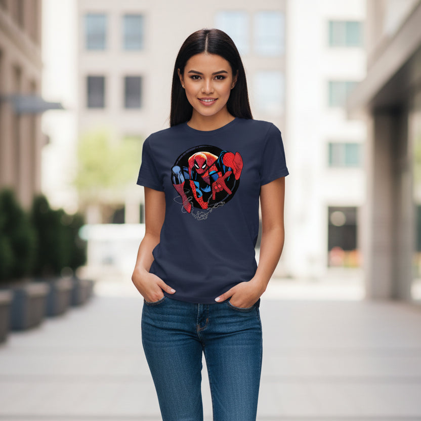 Official licensed Marvel Spider-Man women’s t-shirt featuring a bold forward-facing Spider-Man circle graphic.