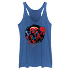 Official licensed Marvel Spider-Man women’s racerback tank top featuring a bold forward-facing Spider-Man circle graphic.