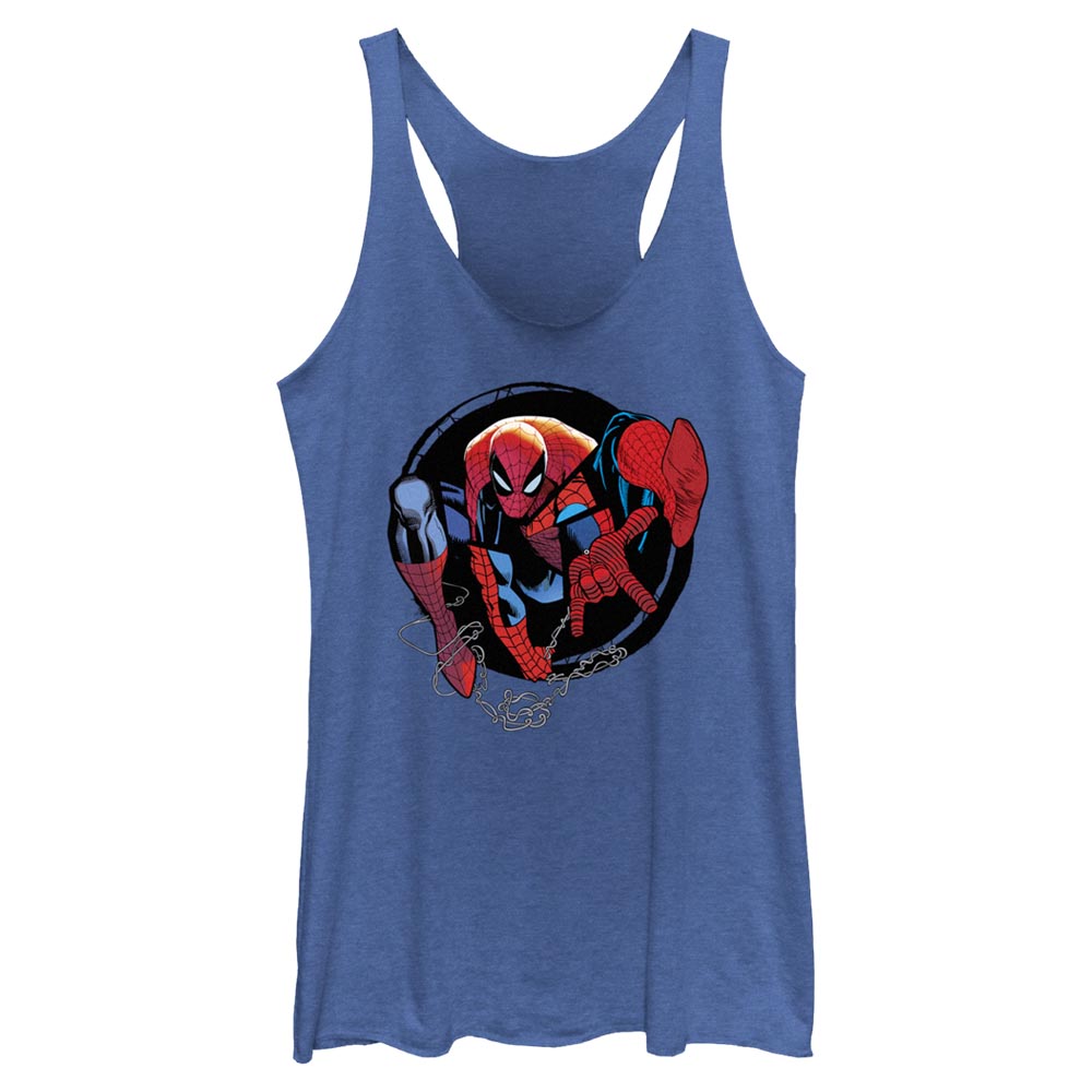 Official licensed Marvel Spider-Man women’s racerback tank top featuring a bold forward-facing Spider-Man circle graphic.