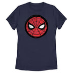 Official licensed Marvel Spider-Man Beyond Amazing women’s t-shirt featuring a minimalist Spider-Man mask sketch circle graphic.