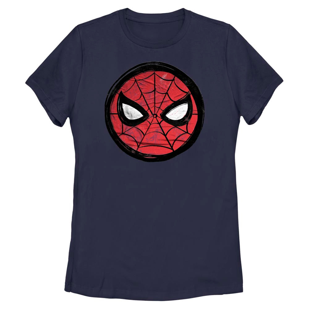 Official licensed Marvel Spider-Man Beyond Amazing women’s t-shirt featuring a minimalist Spider-Man mask sketch circle graphic.