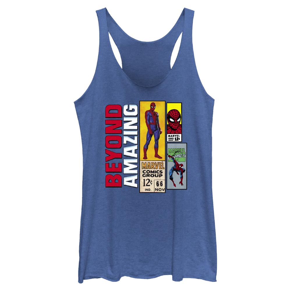 Official licensed Marvel Spider-Man Twelve Cents Junior’s racerback tank top featuring a vintage comic-inspired Spider-Man graphic.