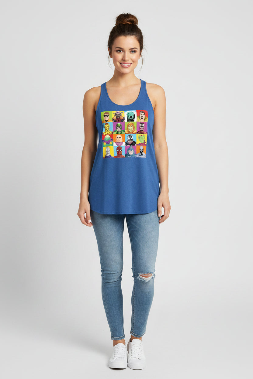 Official licensed Marvel Spider-Man Beyond Amazing women’s racerback tank top featuring retro toy-style Spider-Man and villain character squares.