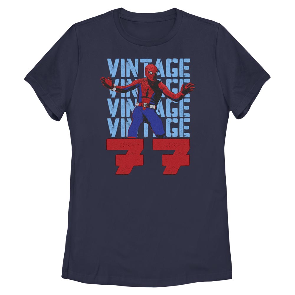 Official licensed Marvel Spider-Man Vintage 77 women’s t-shirt featuring a retro 1977 Spider-Man graphic.