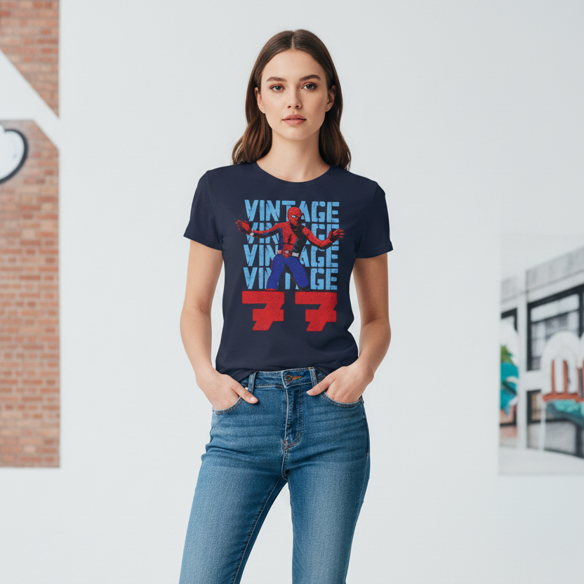 Official licensed Marvel Spider-Man Vintage 77 women’s t-shirt featuring a retro 1977 Spider-Man graphic.