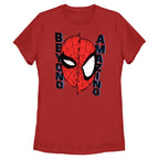 Marvel Women’s Spider-Man Beyond Amazing Warp Mask T-Shirt with glitch graphic and side text