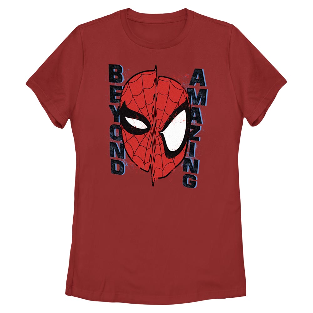 Marvel Women’s Spider-Man Beyond Amazing Warp Mask T-Shirt with glitch graphic and side text