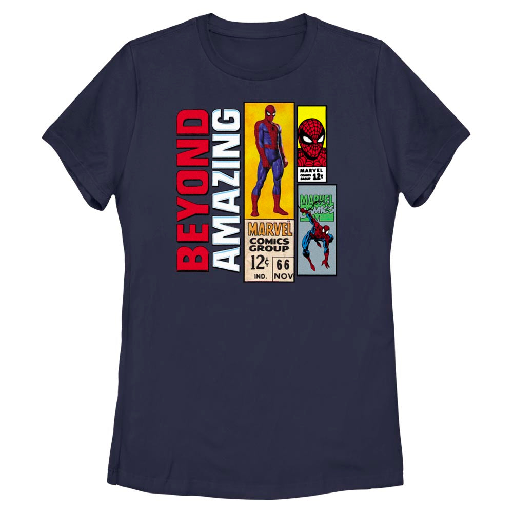 Attractive woman wearing official Marvel Women’s Spidey Twelve Cents T-Shirt with retro 12¢ comic graphic